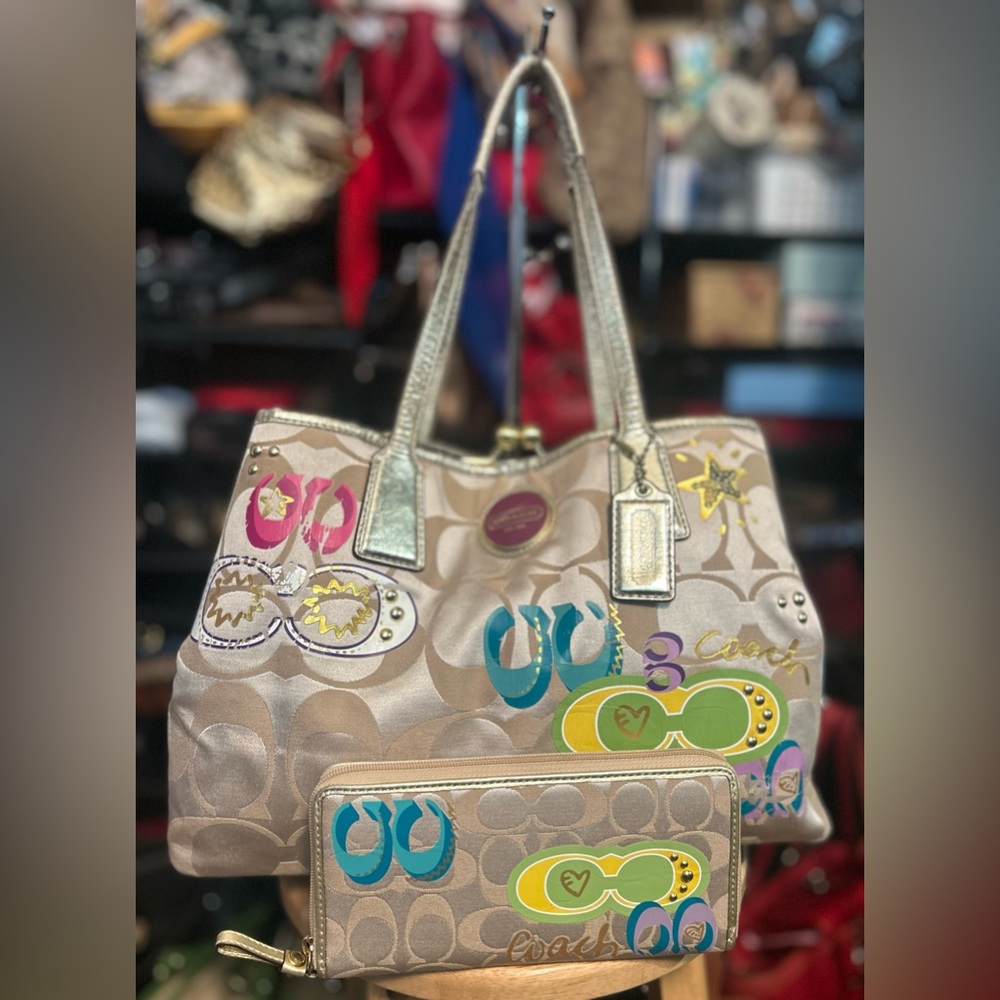 Coach Multicolor Signature Tote and Wallet Set